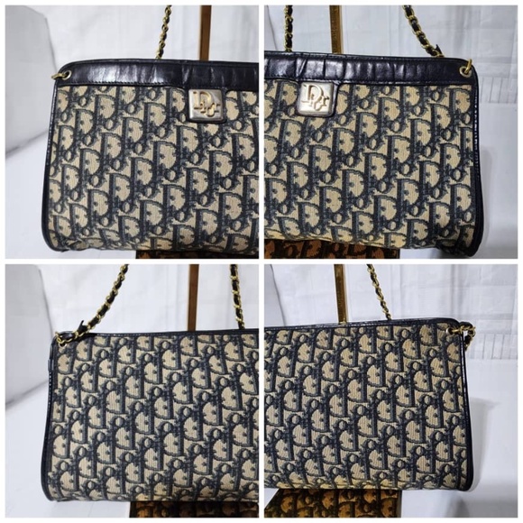 SOLDAuthentic Christian Dior Vintage Trotter Canvas Shoulder Bag Navy Blue/Beige - Picture 10 of 16